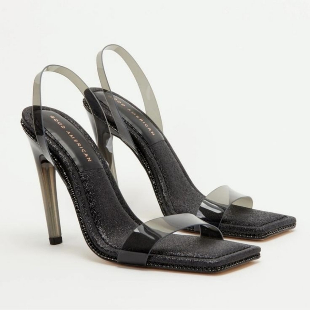 GOOD AMERICAN - Black Glitter - Crystal Crush Lucite Sandal - Black - Size 8 - Picture 2 of 3
